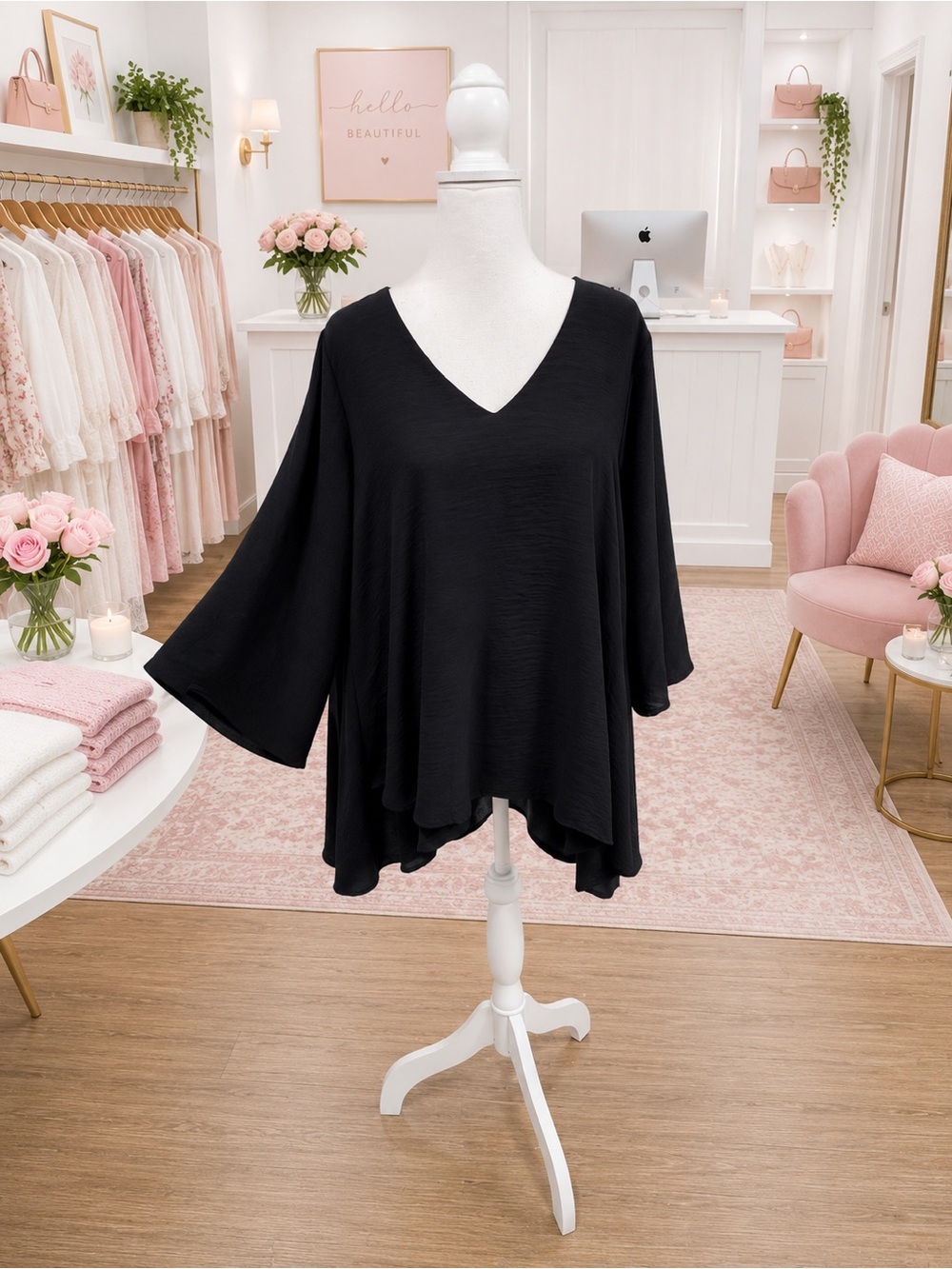 Black High-Low Bell Sleeve Blouse Approx Size Large